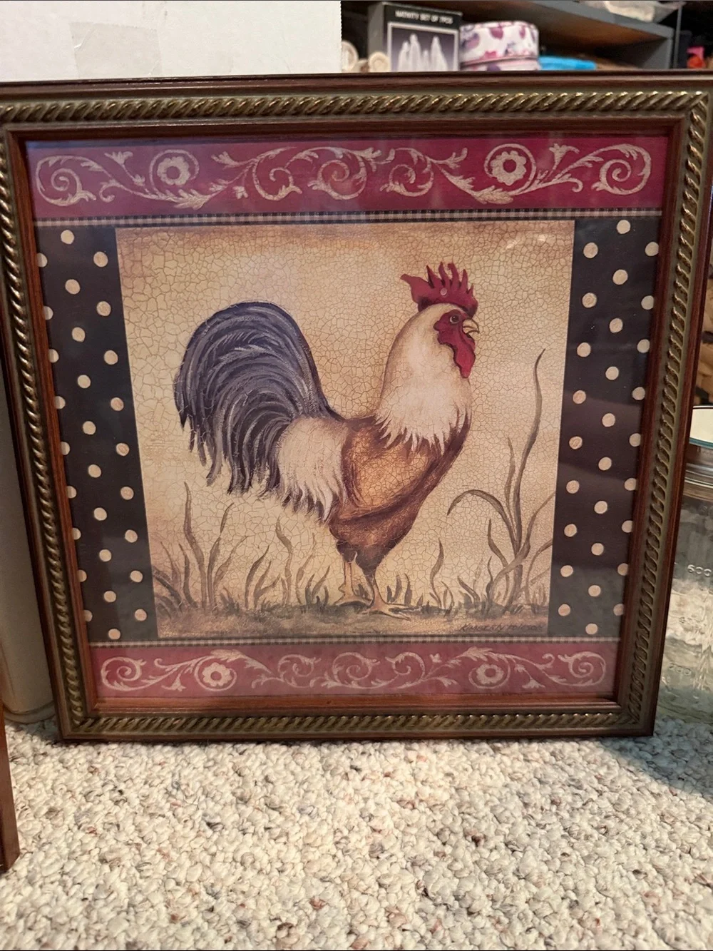 2005 Home Interiors Rooster Farmhouse Wall Art Pair - Rustic Red and Brown